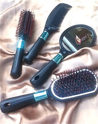 New Dresser Vanity Bedroom Set 4 pc Lot Black Teal 2 Brush s Comb 