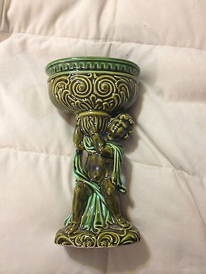 VINTAGE JAPAN PEA GREEN FINE CHINA CHERUB HOLDING PLANTER VASE