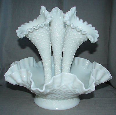 FENTON ART GLASS 3 HORN EPERGNE WHITE MILK GLASS DIAMOND LACE PATTERN 