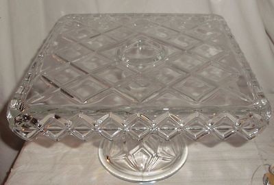 VINTAGE PRESSED GLASS CAKE STAND SQUARE WITH DIAMOND PATTERN RUM WELL