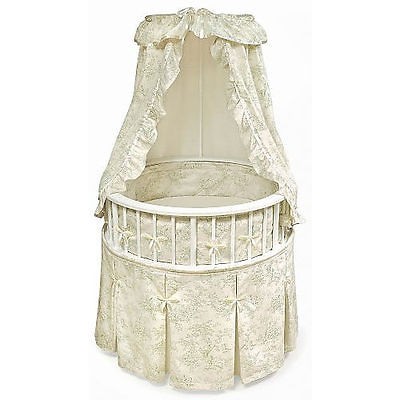 Badger Basket White Elegance Round Baby Bassinet   Sage Toile Bedding