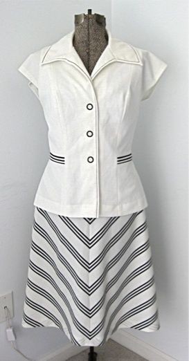   White Black Chevron Dress Full Skirt Peplum Top 2 Pc Secretary Suit