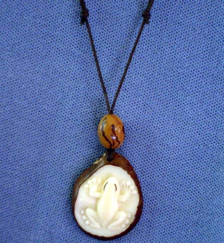 Handcarved Tagua Frog Pendant w/ Palmito Seed accent