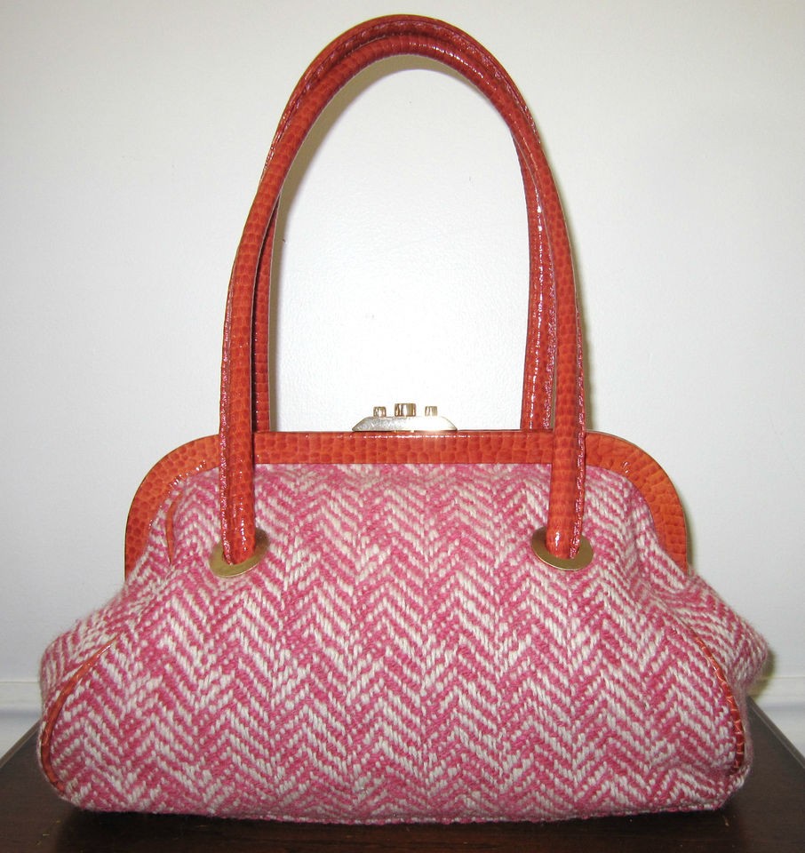 ANN TAYLOR Herringbone Tweed Snakeskin Trims Framed Satchel Handbag L 