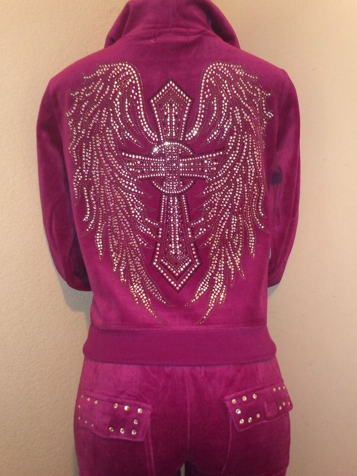 NEW Rhinestoned Angel Cross Velour Sweatsuit Sweatpants with Hoodie 