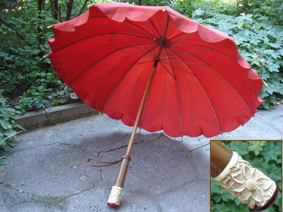 1920s VICTORIAN ERA LADY UMBRELLA w/RED AMBER