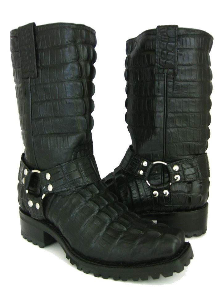 MENS BLACK LEATHER FULL CROCODILE ALLIGATOR TAIL BIKER BOOTS COWBOY 