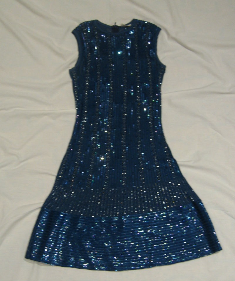 VINTAGE AZZEDINE ALAIA BLUE SEQUIN BEADED DRESS SZ S PRISTINE