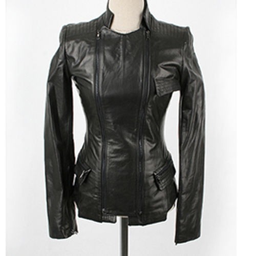 New Womens Black ZIP Faux Leather Biker Trim Jacket