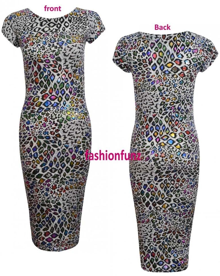 NEW WOMENS LADIES MULTI COLOURED FOIL ANIMAL PRINT BODYCON MIDI LONG 