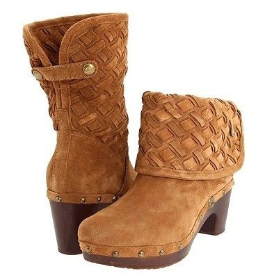 240.00 UGG LYNNEA ARROYO WEAVE WOMENS DARK CHESTNUT SUEDE CLOG BOOTS