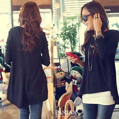 Womens fashion Black Loose Asymmetric hem long sleeve Tunic T shirt 