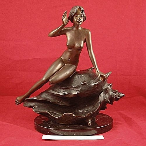   Signed Bronze Sculpture Girl (Neried) on Conch Shell Sea Theme Art