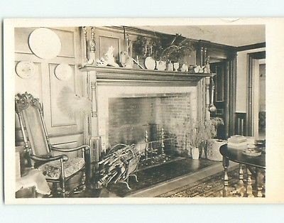 circa 1920s rppc ANTIQUE FIREPLACE & MANTLE & CHAIR   living room 