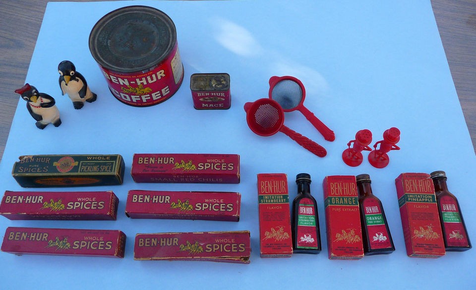 11 ORIGINAL ANTIQUE BEN HUR SPICE & COFFEE TINS ~ CHILLY & WILLIE 