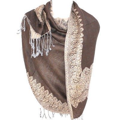 Brown Rich Silk Embroidered Paisley Pattern Border Pashmina Shawl 