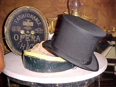 ANTIQUE DUNLAP OPERA HAT ORIG GRAPHIC BOX FOLDABLE GORGEOUS ~