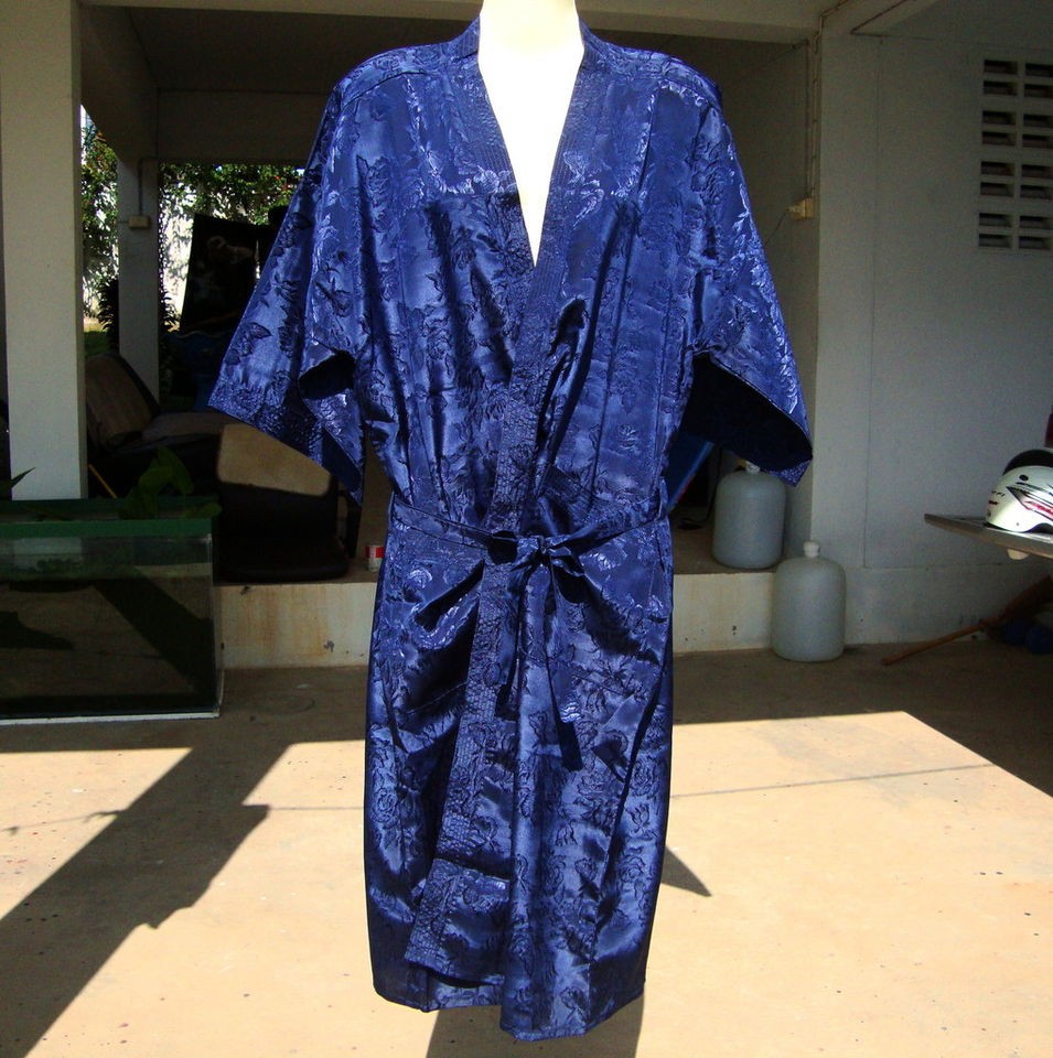 LADIES THAILAND SILK KIMONO BATH ROBE BLUE SHORT