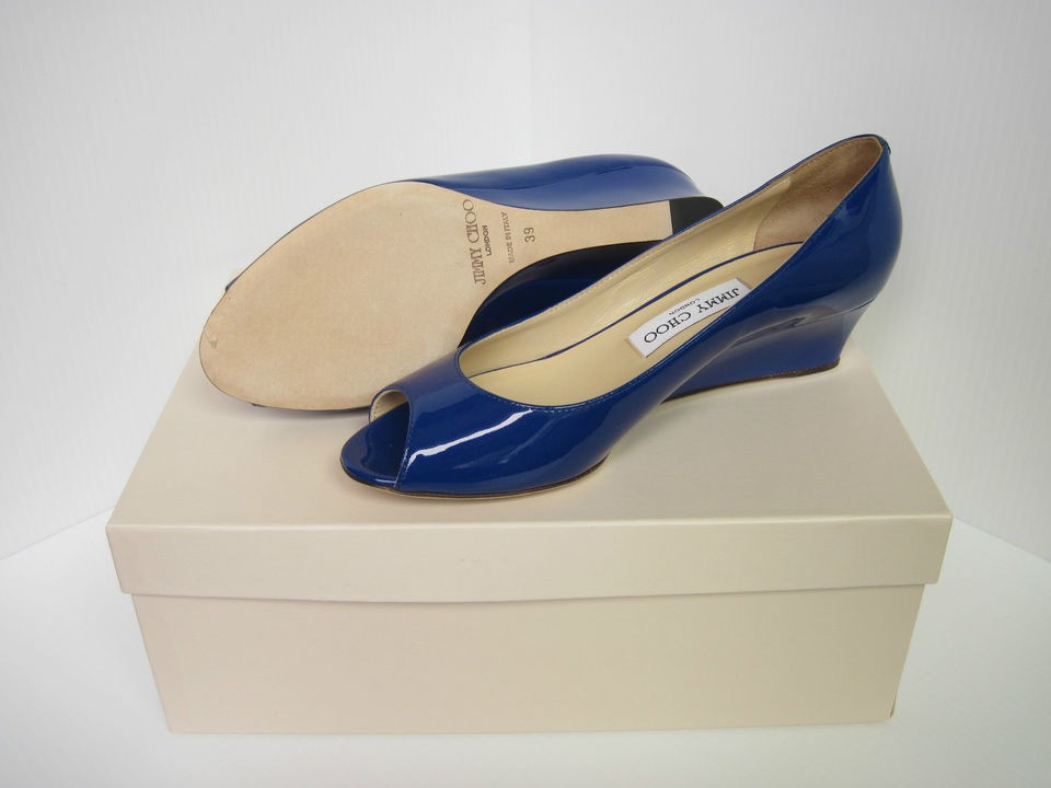 New Authentic Jimmy Choo Bergen Blue Patent Leather Klein Wedge 