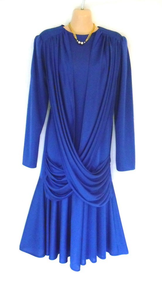 VINTAGE BEYOND RETRO BLUE DRAPE DALLAS STYLE 80S PARTY DRESS 14/16