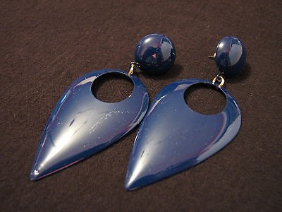 BIG Vintage Navy Blue Teardrop Door Knocker Dangle Pierced Earrings
