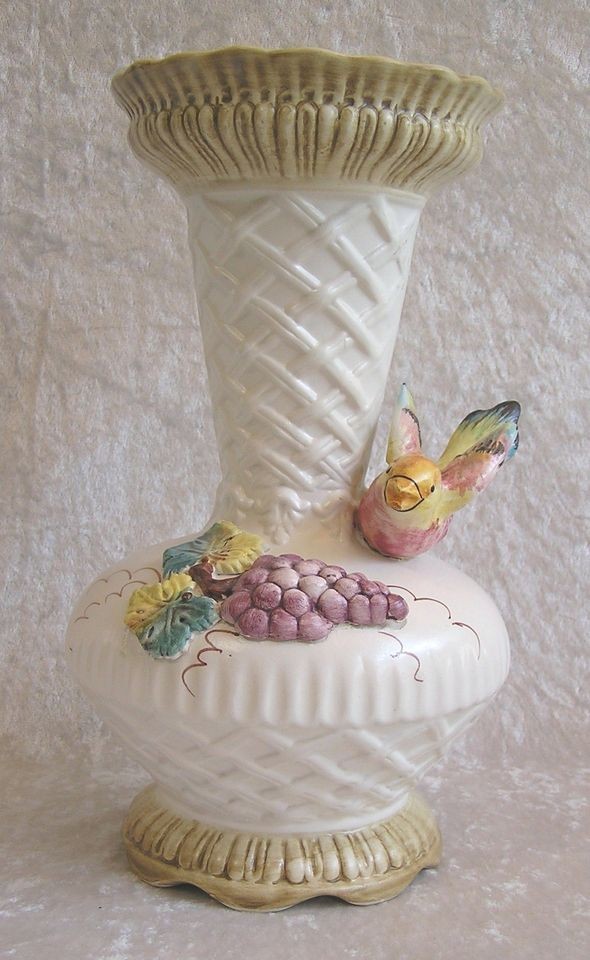   Italian Capodimonte Crown N Pottery 9 Vase with Grapes & Applied Bird