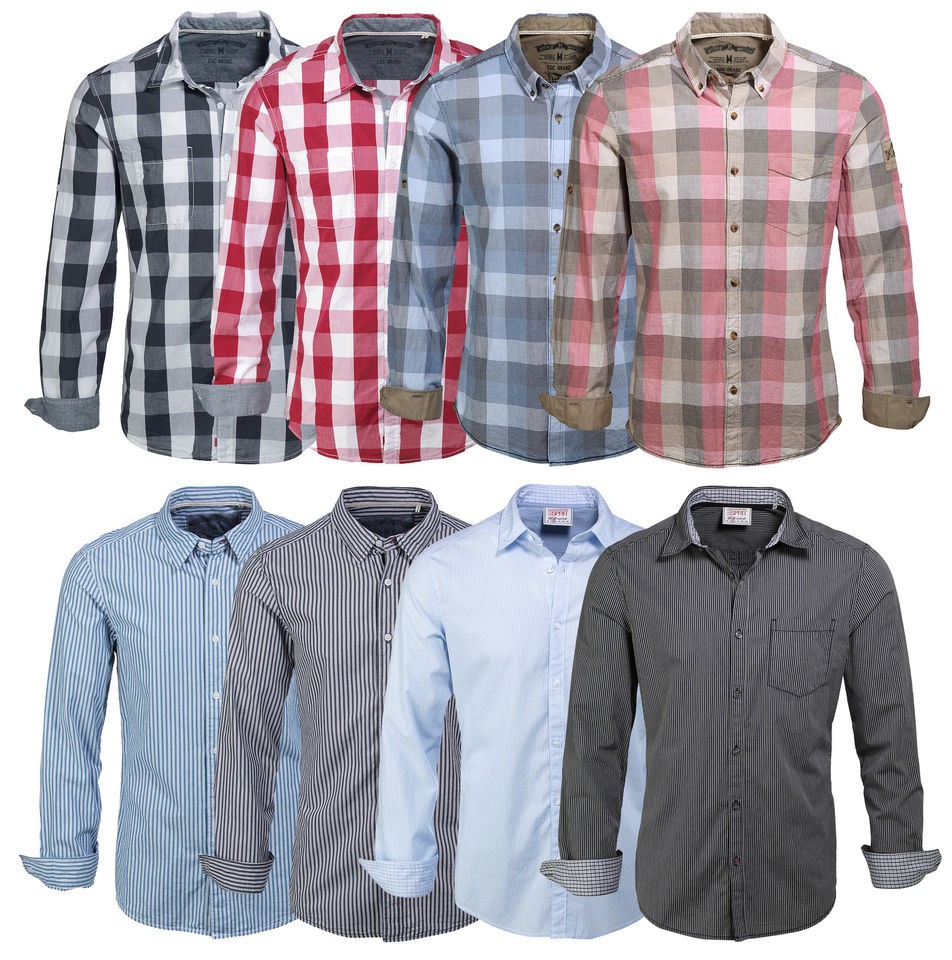   ESPRIT Mens Plain Check & Stripe Shirts Slim Fit Blue Grey Red Black