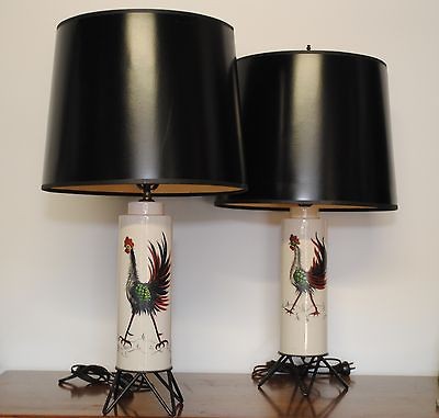   1940s MODERN HAND PAINTED POTTERY CERAMIC ROOSTER CHICKEN LAMPS