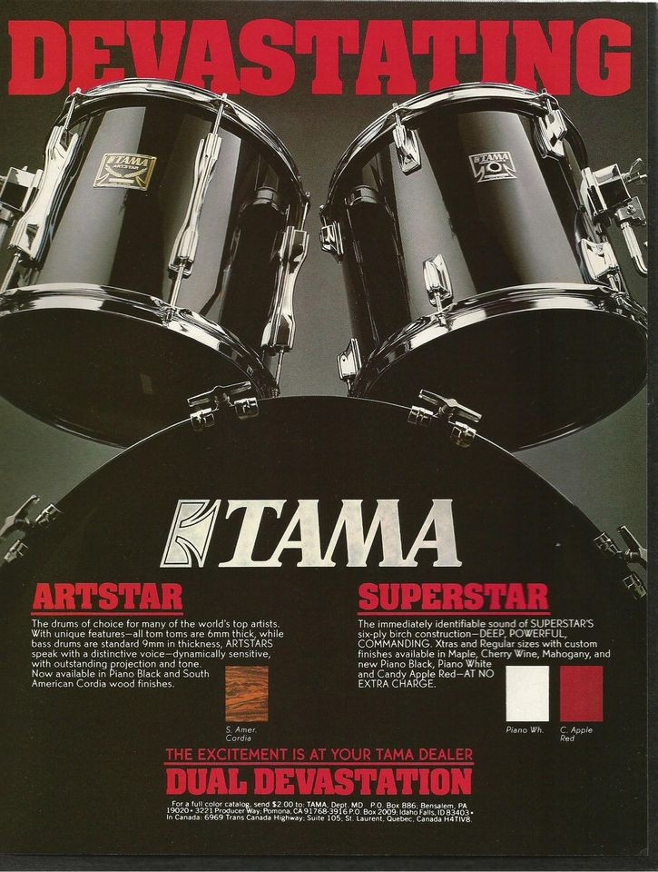 1985 TAMA ARTSTAR & SUPERSTAR DUAL DEVASTATION DRUMS PRINT AD