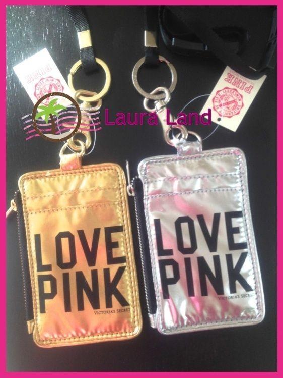 VICTORIA SECRET PINK LANYAND ID HOLDER CHANGE PURSE KEYCHAIN GOLD 