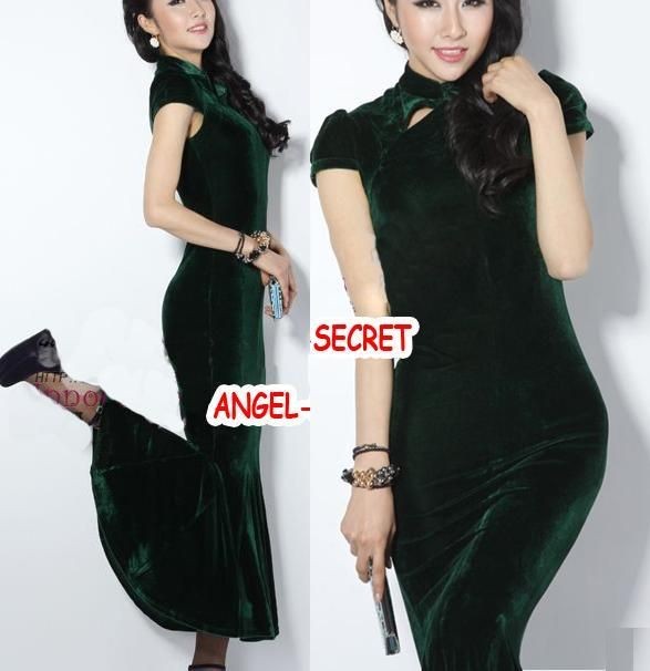 J320 women sexy ladies cap sleeves long dress velvet mandarin collar 