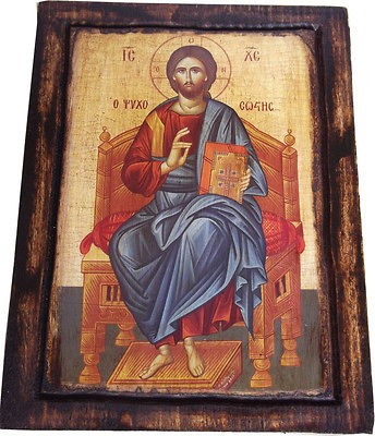 Jesus Christ   Blessing   Enthroned   Orthodox Byzantine icon on wood 