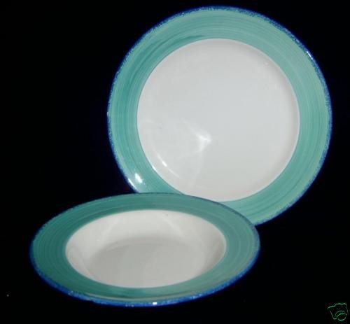 Pier 1 La Primula Green Border Blue Trim Plate & Bowl