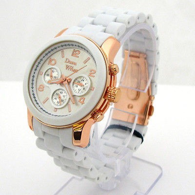 WHITE ROSE/GOLD ACRYLIC MATTE BRACELET DESIGNER STYLE WOMENS WATCH