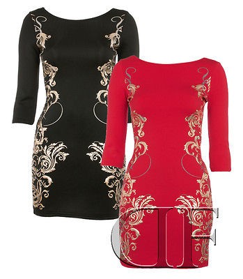   LADIES BAROQUE MIRROR PRINT 3/4 SLEEVE BODYCON DRESS RED BLACK 8 14