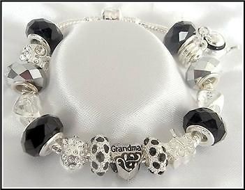 GRANDMA/NANA BLACK/SILVER CZ CHARM BRACELET RECIPIENT CHARMS FOR ALL 