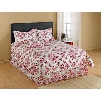 New Christmas Toile Red Quilt Sham Skirt Set 6pc Queen King