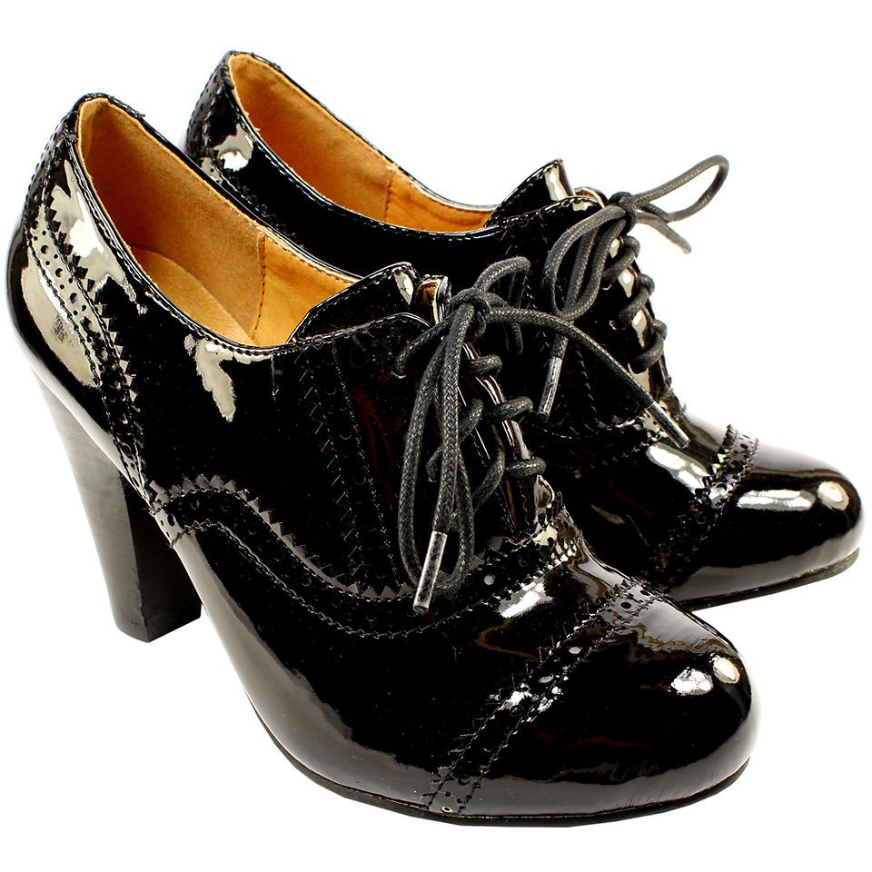 WOMENS HIGH HEEL PATENT BLACK BROGUE LACE UP ANKLE SHOE BOOTS LADIES 