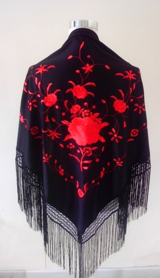 New Beautiful Spanish Flamenco Dance Shawl Black and Red Embroidered 