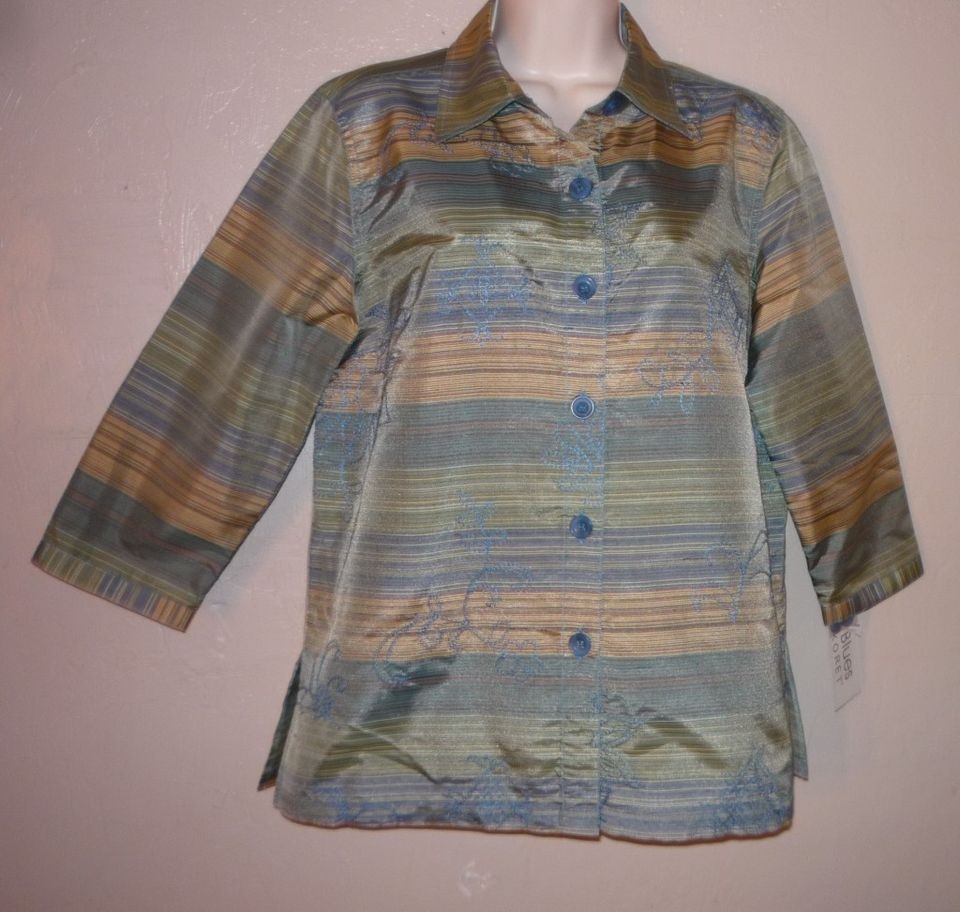 CITY BLUES by KORET striped embroidered slub silk blend 3/4 slv top 