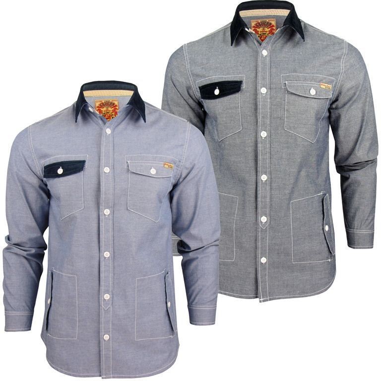   Laundry Long Sleeved Shirt Burbank Chambray Denim Blue Cord Collar