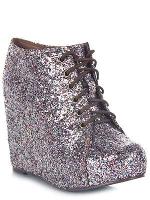 JEFFREY CAMPBELL 99 Tie Multi Glitter Platform Wedge Lace Up BOOTIE 