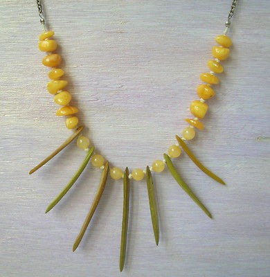 COLLAR NECKLACE YELLOW JADE JASPER BEAD COCONUT SHELL CORD CHAIN 