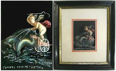 GIOVANNI GALLO PAINTING FRAMED POMPEII ANGEL PUTTI DOLPHIN SEA CHARIOT 