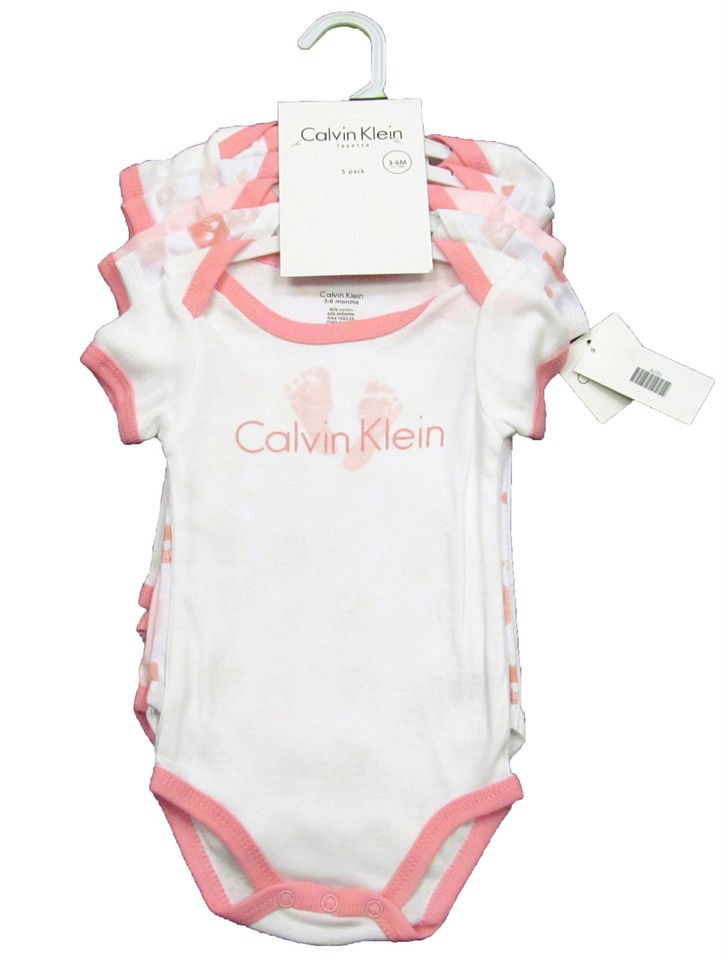 CALVIN KLEIN Layette Baby Girls 5 Pack Onesie SetPink/White Hands 