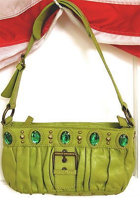 CYNTHIA ROWLEY BAGUETTE GENUINE GREEN LEATHER SATCHEL /BAG 