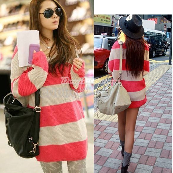 New Womens Long Sleeve Sweater V Neck Striped Knitwear TOP Pullover 