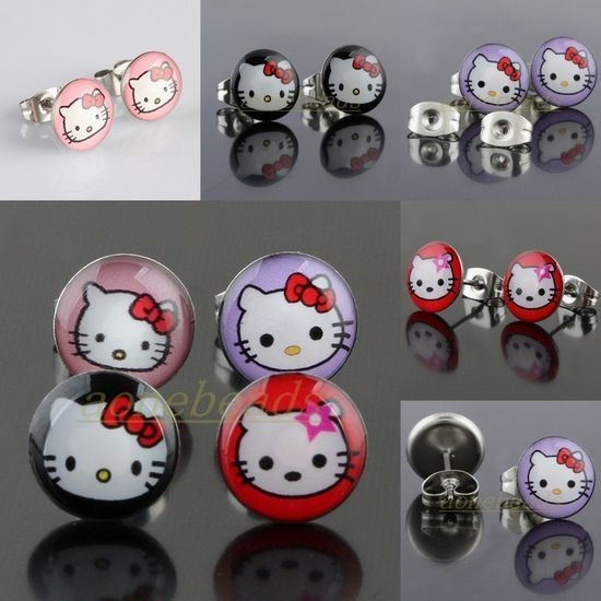 Kitten Cat Head Cartoon 10mm Coin Stainless Steel Stud Piercing Pin 