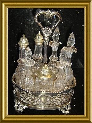 ANTIQUE STUNNING ENGLAND VICTORIAN SILVER MOUNTED CRYSTAL CRUET SET 