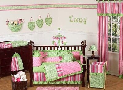 DESIGNER PINK AND LIME GREEN 9pc BABY GIRL CRIB BEDDING COMFORTER SET 